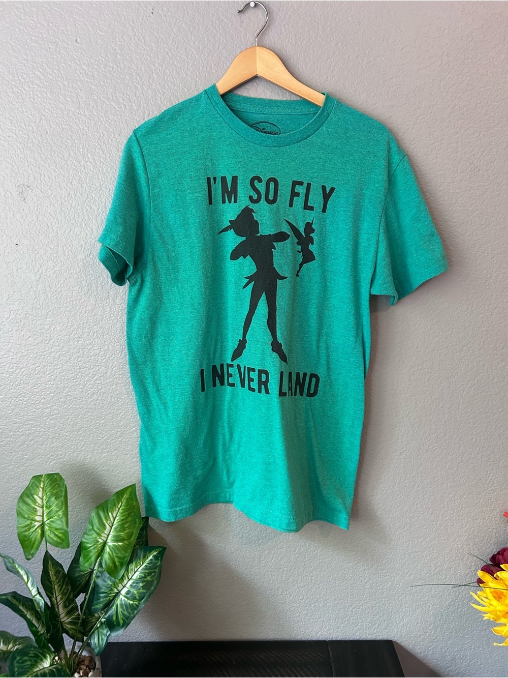 Disney Peter Pan and Tinkerbell Teal Graphic Tee “ I’m so Fly I Never Land “